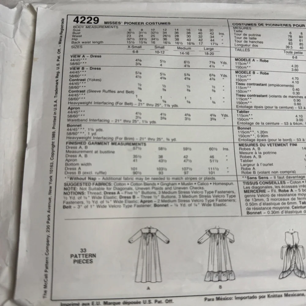 McCall's 4229 Pioneer Costume Pattern Misses Size Large 18-20 Prairie Dress 1989